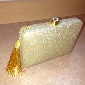 NEW Sparkling Metallic Gold Clutch With Tassel